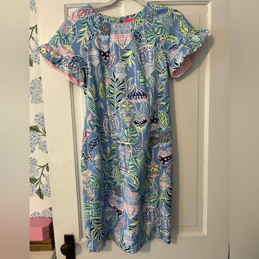 Lilly Pulitzer Floral Blue Dress with Ruffle Sleeves